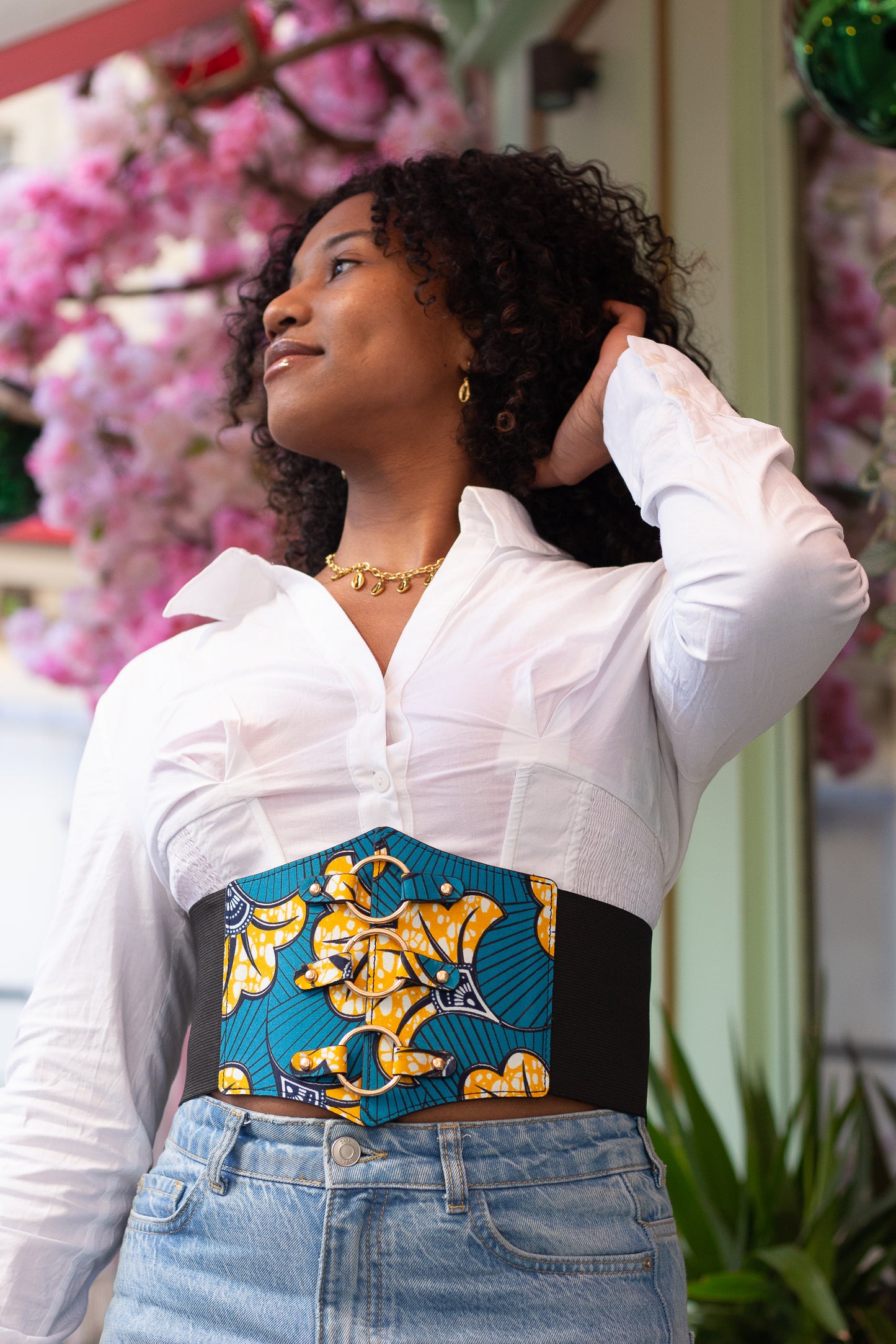 Ceinture Corset Jaune et Bleu en Wax fleur de mariage