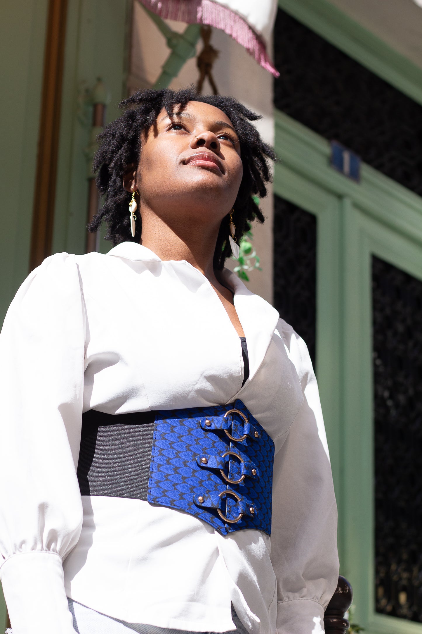 Ceinture Corset Bleu tissu wax nid d'abeille