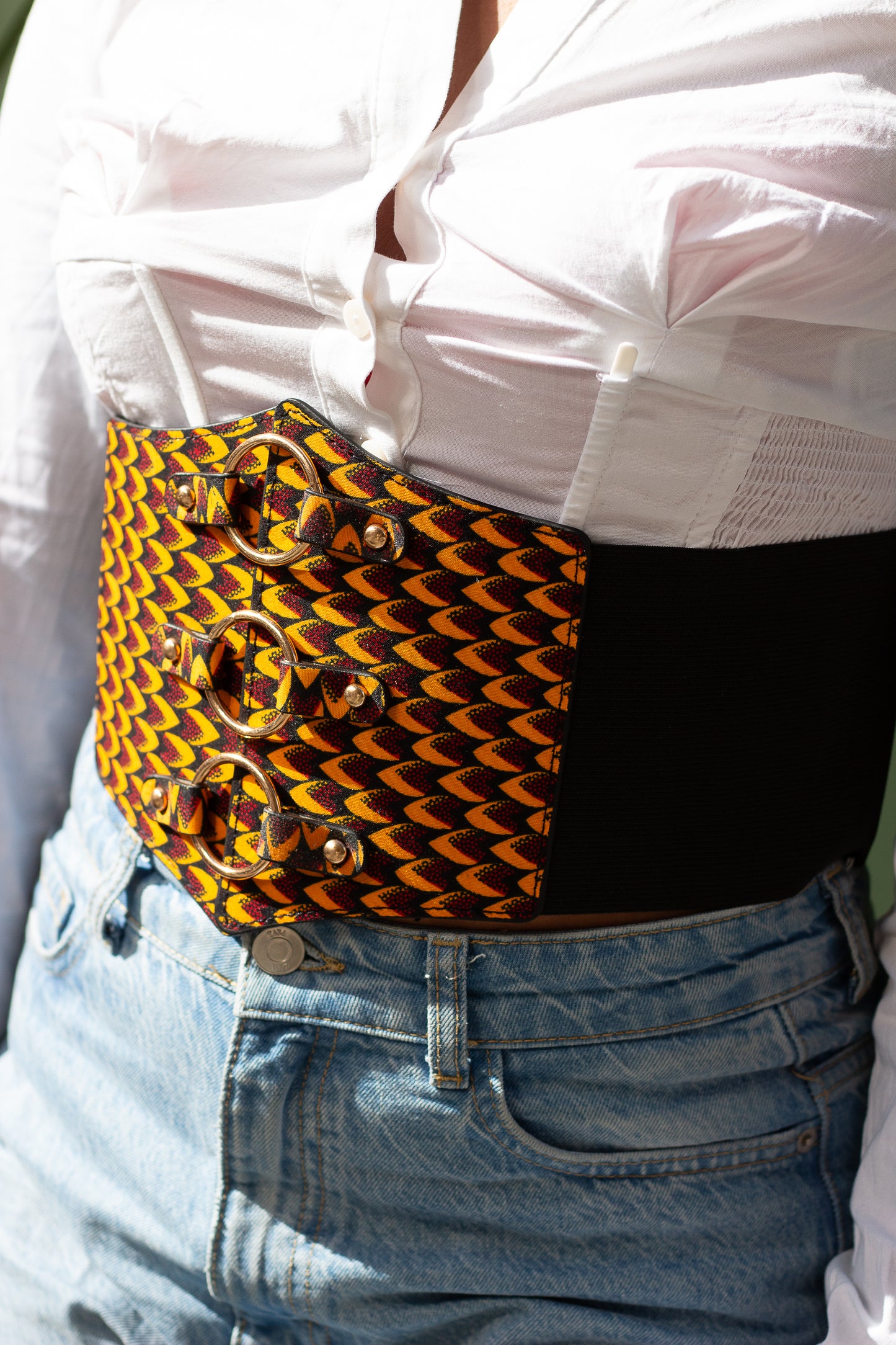 Ceinture Corset Jaune et Rouge Tissus wax nid d'abeille