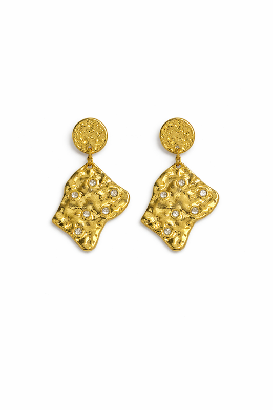 SANFOKA · Boucles d'Oreilles Pendantes acier inoxydable Dorées Ciselées Cristaux · La Sélection Mohissa K