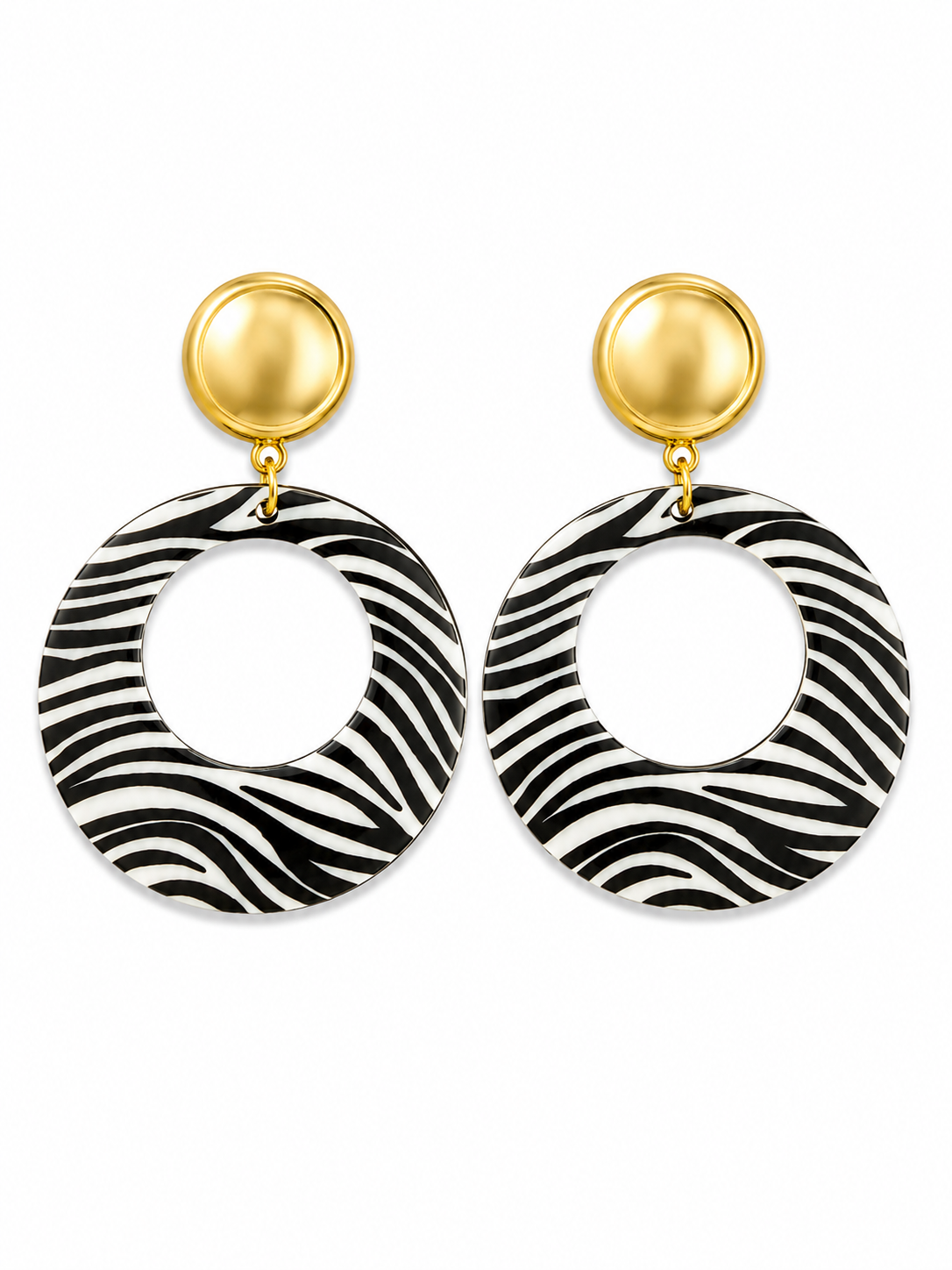 LYLIA Boucles d'oreilles ethniques africaines en acier inoxydable doré, sublimées par des motifs zébrés noir et blanc •La Sélection Mohissa K